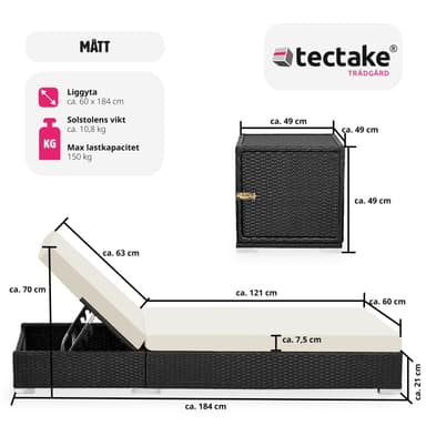 tectake 2 solsängar med bord set i konstrotting aluminium - svart