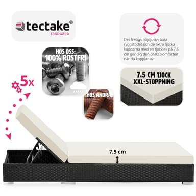 tectake 2 solsängar med bord set i konstrotting aluminium - svart