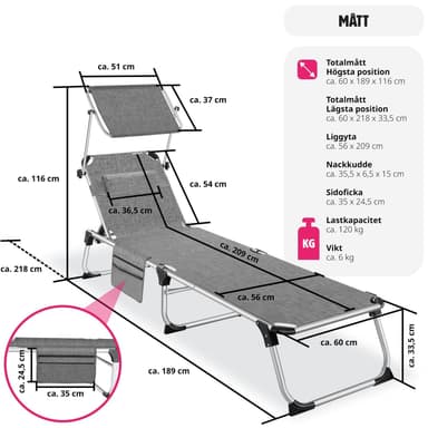 tectake Solstol Aurelie i aluminium, 6-stegs justerbar - gråmelerad