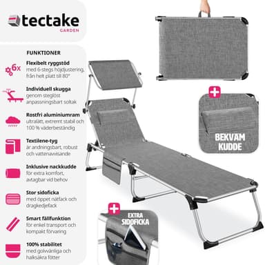 tectake Solstol Aurelie i aluminium, 6-stegs justerbar - gråmelerad