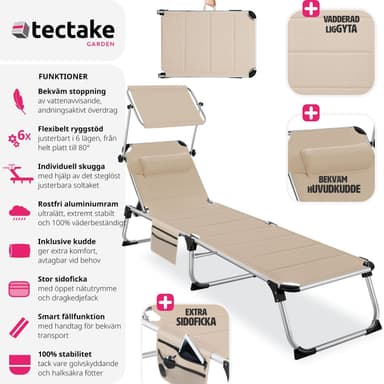 tectake Solstol Lorella, vadderad, hopfällbar - beige