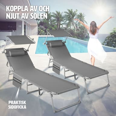 tectake Set med 2 solstolar Chloe, 4-stegs justerbara med huvudkudde - grå