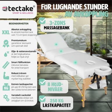 tectake 3-zons massagebänk Somwang med 7,5 cm stoppning och träram - vit