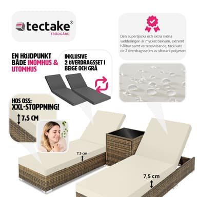 tectake 2 solsängar med bord set i konstrotting aluminium - natur