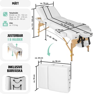 tectake 3-zons massagebänk Somwang med 7,5 cm stoppning och träram - vit