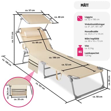 tectake Set med 2 solstolar Chloe, 4-stegs justerbara med huvudkudde - beige
