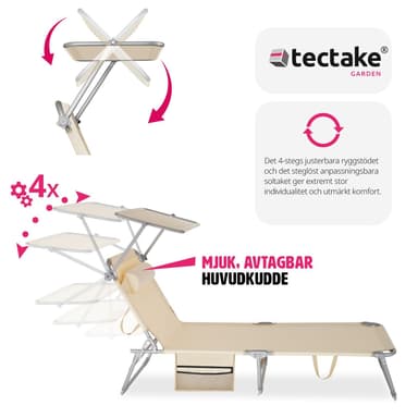 tectake Set med 2 solstolar Chloe, 4-stegs justerbara med huvudkudde - beige