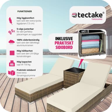 tectake 2 solsängar med bord set i konstrotting aluminium - natur