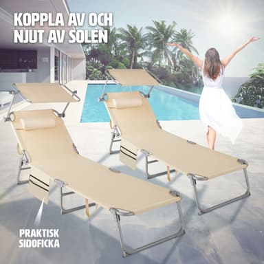 tectake Set med 2 solstolar Chloe, 4-stegs justerbara med huvudkudde - beige