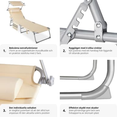 tectake Set med 2 solstolar Chloe, 4-stegs justerbara med huvudkudde - beige