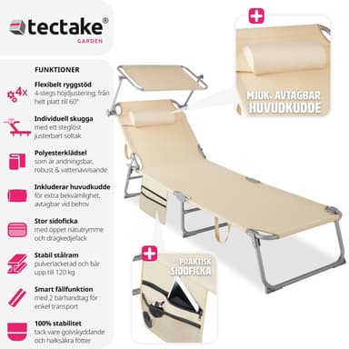 tectake Set med 2 solstolar Chloe, 4-stegs justerbara med huvudkudde - beige