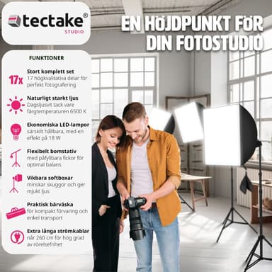 tectake 3 studiolampor med softbox, stativ och väska - svart