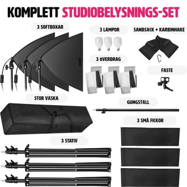 tectake 3 studiolampor med softbox, stativ och väska - svart