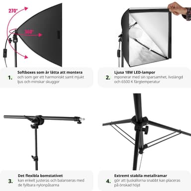 tectake 3 studiolampor med softbox, stativ och väska - svart