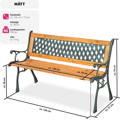 tectake Trädgårdsbänk Tamara 2-sits av trä och gjutjärn 128x51x73cm - brun