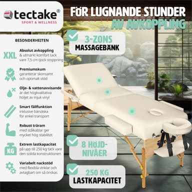 tectake 3-zons massagebänk Somwang med 7,5 cm stoppning och träram - beige