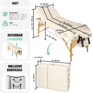 tectake 3-zons massagebänk Somwang med 7,5 cm stoppning och träram - beige
