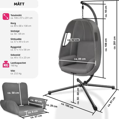 tectake Hängstol Anika med stativ och dyna, 160 kg - antracit