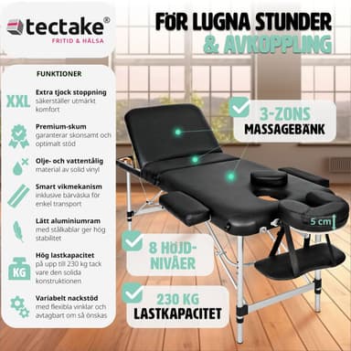 tectake 3-zons massagebänk i aluminium 5 cm stoppning + väska - svart