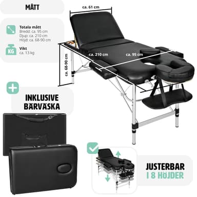 tectake 3-zons massagebänk i aluminium 5 cm stoppning + väska - svart