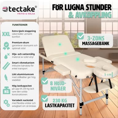 tectake 3-zons massagebänk i aluminium 5 cm stoppning + väska - beige