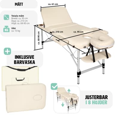 tectake 3-zons massagebänk i aluminium 5 cm stoppning + väska - beige