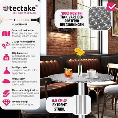 tectake Cafébord i aluminium Ø60cm - 6,5 cm
