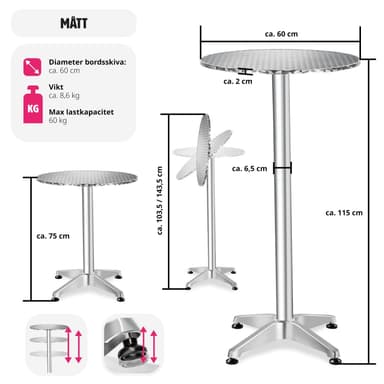 tectake Cafébord i aluminium Ø60cm - 6,5 cm
