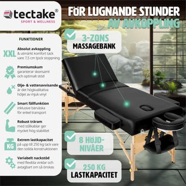 tectake 3-zons massagebänk Somwang med 7,5 cm stoppning och träram - svart