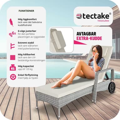 tectake Solsäng i konstrotting med hjul - ljusgrå/creme