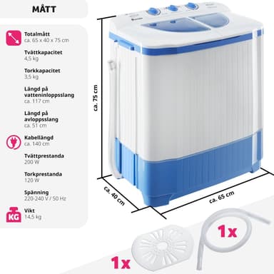 tectake Mini-tvättmaskin 4,5 kg med centrifug - vit