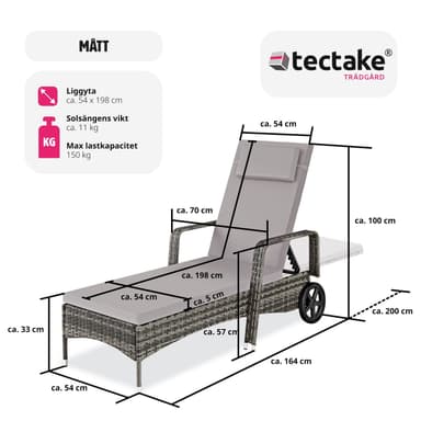 tectake Solsäng i konstrotting med hjul - grå/ljusgrå