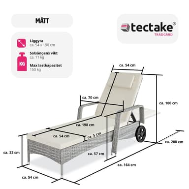tectake Solsäng i konstrotting med hjul - ljusgrå/creme