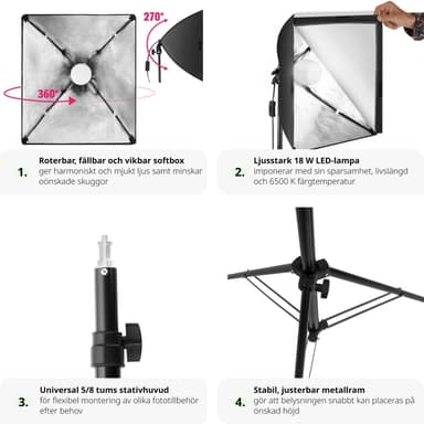 tectake Studiolampa med softbox, stativ och väska - svart