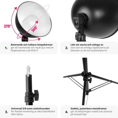 tectake 2 studiolampor i ett set med stativ och glödlampa - svart