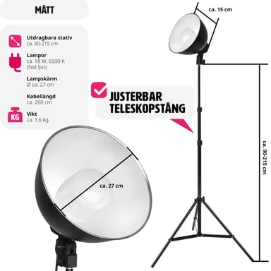 tectake 2 studiolampor i ett set med stativ och glödlampa - svart