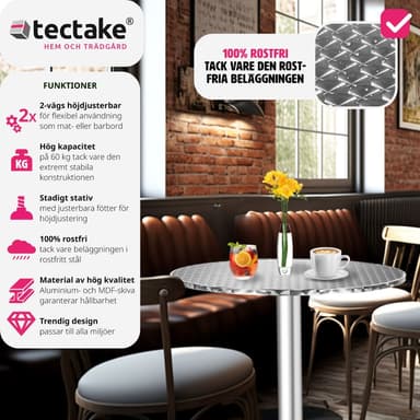 tectake Cafébord i aluminium Ø60cm justerbart i höjdled - 5,8 cm