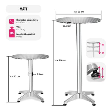 tectake Cafébord i aluminium Ø60cm justerbart i höjdled - 5,8 cm