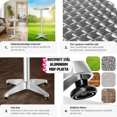 tectake Cafébord i aluminium Ø60cm justerbart i höjdled - 5,8 cm