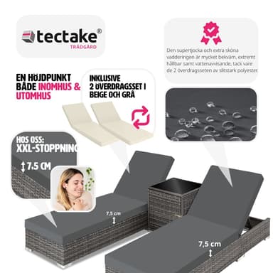 tectake 2 solsängar med bord set i konstrotting aluminium - grå