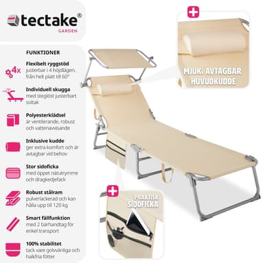 tectake Solstol Chloé, 4-stegs justering med nackkudde och ficka - beige
