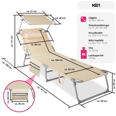 tectake Solstol Chloé, 4-stegs justering med nackkudde och ficka - beige