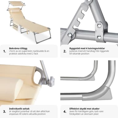 tectake Solstol Chloé, 4-stegs justering med nackkudde och ficka - beige