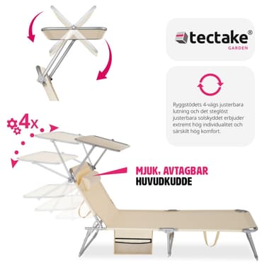 tectake Solstol Chloé, 4-stegs justering med nackkudde och ficka - beige
