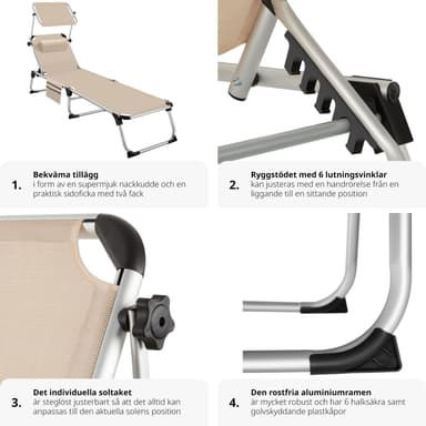 tectake Solstol Aurelie i aluminium, 6-stegs justerbar - beige
