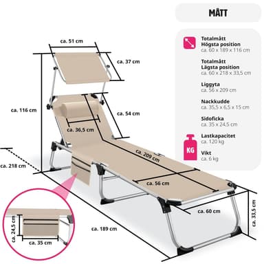 tectake Solstol Aurelie i aluminium, 6-stegs justerbar - beige