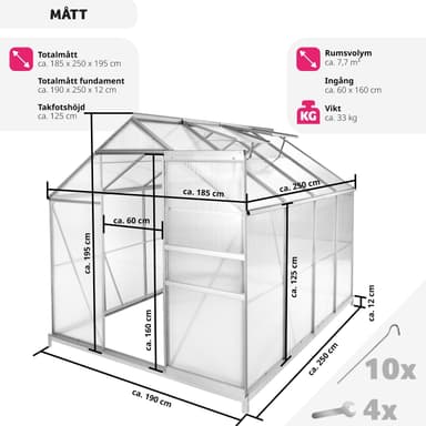tectake Aluminiumväxthus med fundament - 250 x 185 x 195 cm