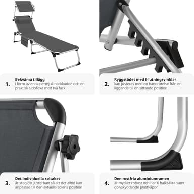 tectake Solstol Aurelie i aluminium, 6-stegs justerbar - grå