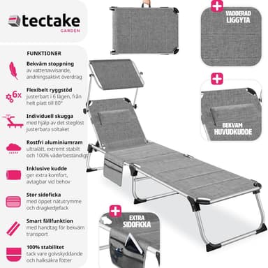 tectake Solstol Lorella, vadderad, hopfällbar - gråmelerad