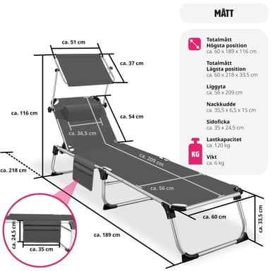 tectake Solstol Aurelie i aluminium, 6-stegs justerbar - grå